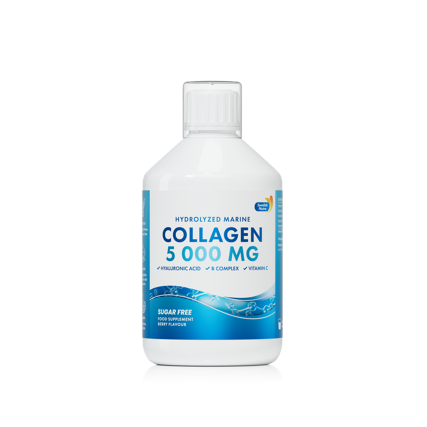 Front image: Swedish Nutra marine collagen peptide liquid berry flavour 500ml bottle