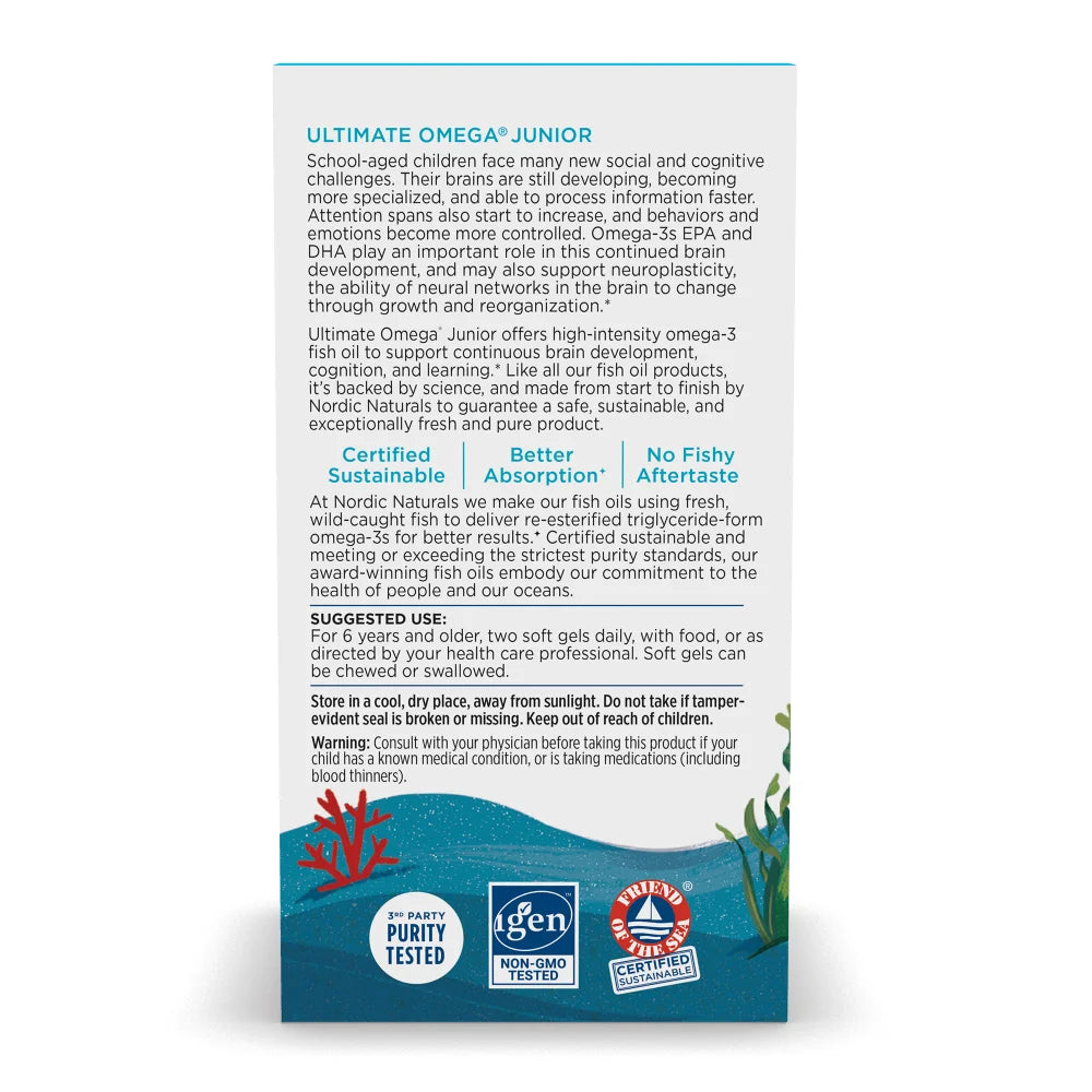 Supplement facts label for Nordic Naturals Ultimate Omega-3 Junior children's supplement.