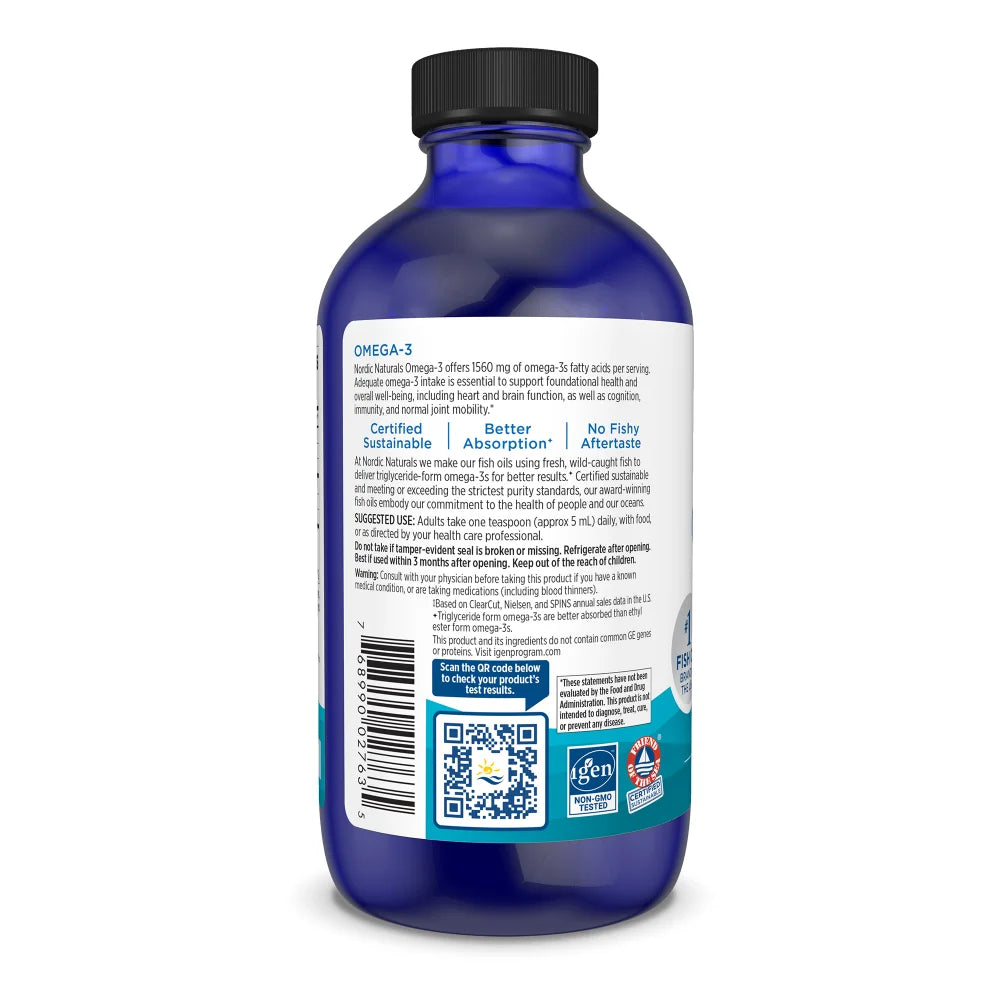 Supplement facts & barcode label for Nordic Naturals Omega-3 Liquid.
