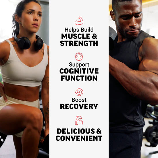 Two people in a gym setting with text about the benefits of a product.