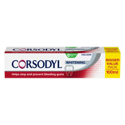 Corsodyl Whitening Toothpaste 100ml whitening fluoride toothpaste front box on white background