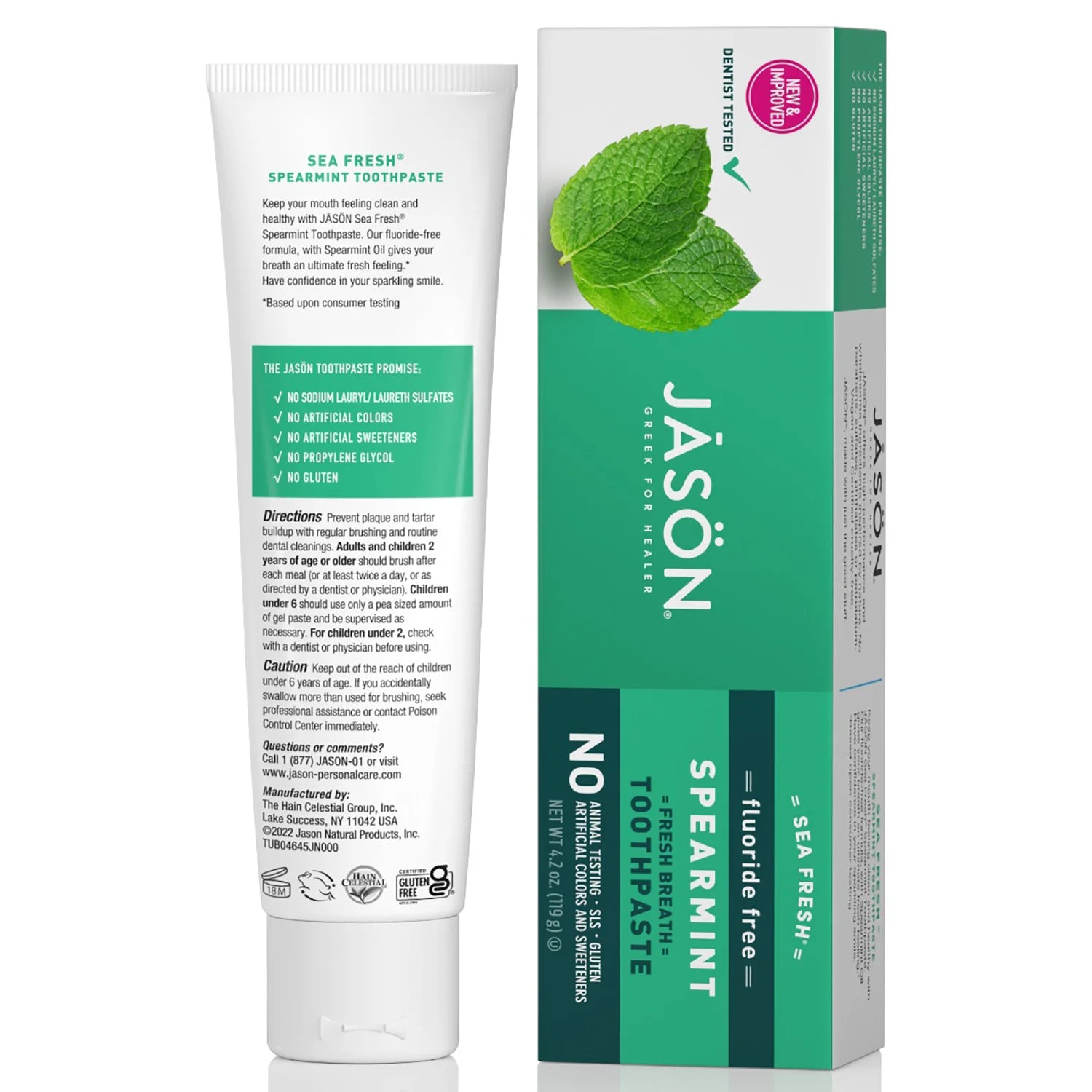 Jason Sea Fresh Spearmint Fresh Breath Toothpaste fluoride free tube & box 119g back packaging