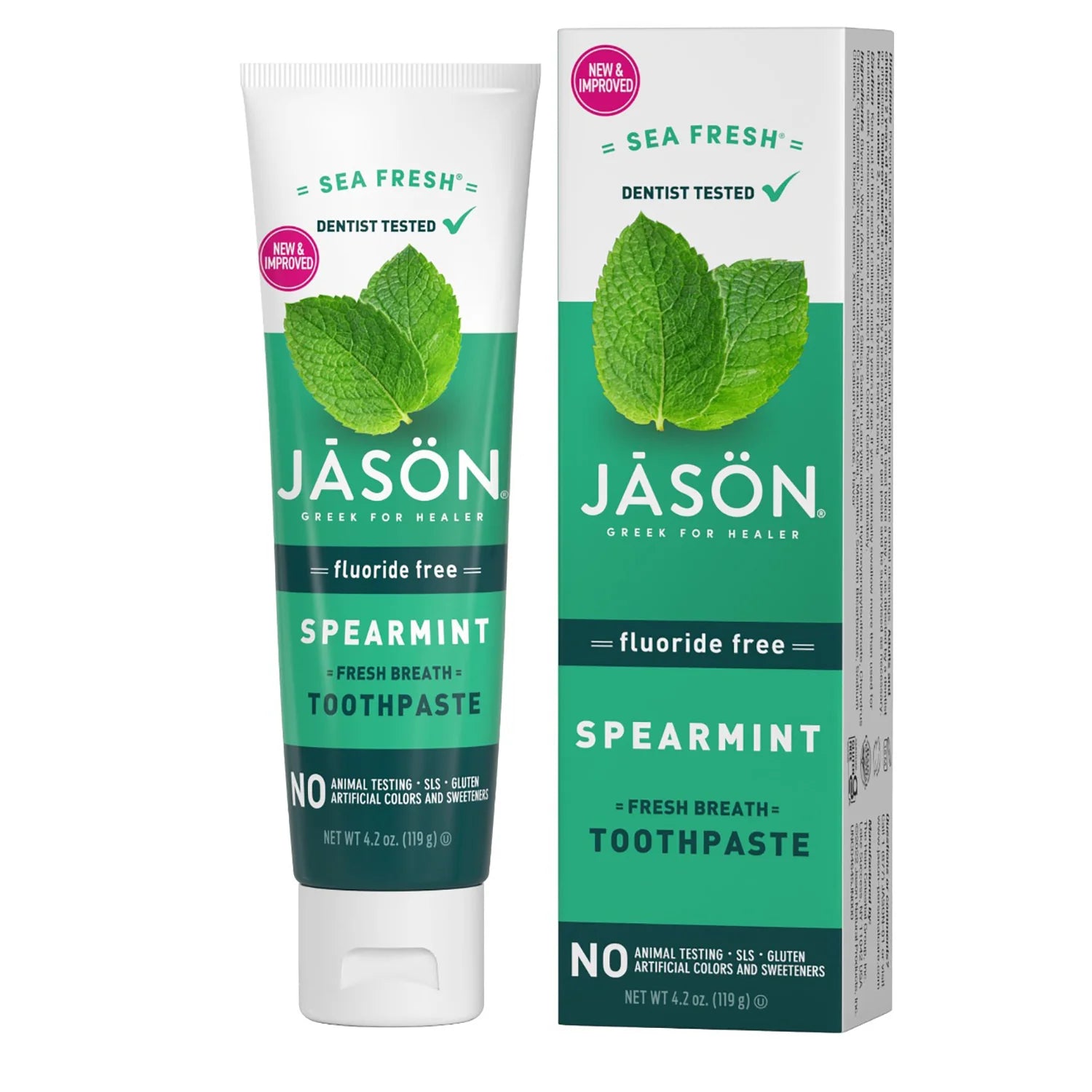 Jason Sea Fresh Spearmint Fresh Breath Toothpaste fluoride free tube & box 119g