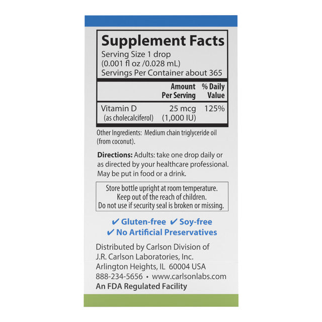 Supplement facts & ingredients image: Carlson Vitamin D3 1000 IU supplement facts liquid drops 10.3 ml