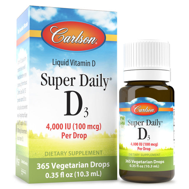 Front image: Carlson Super Daily D3 liquid vitamin D3 4000 IU drops 10.3 ml bottle & box