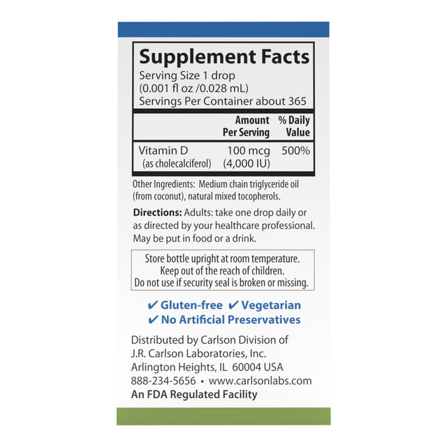 Supplement facts & ingredients image: Carlson Vitamin D3 4000 IU supplement facts liquid drops 10.3 ml