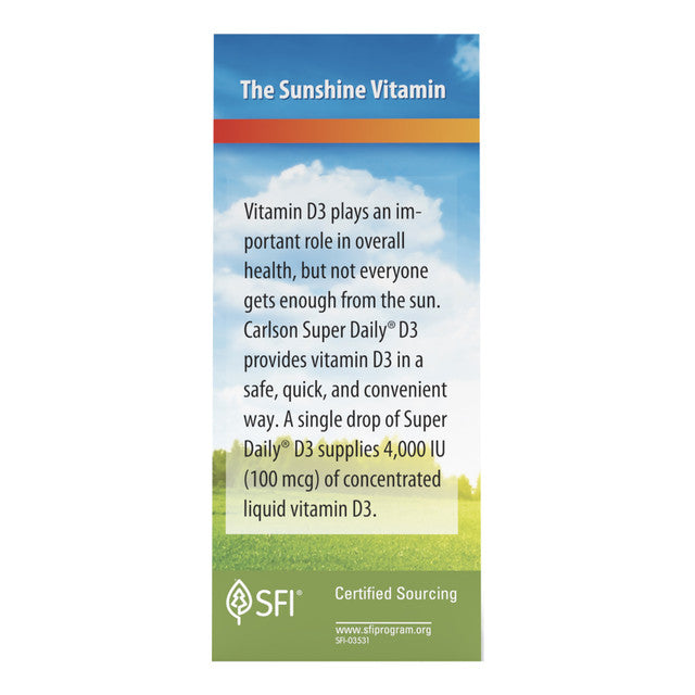Side image: Carlson Super Daily D3 liquid vitamin D3 4000 IU drops 10.3 ml box