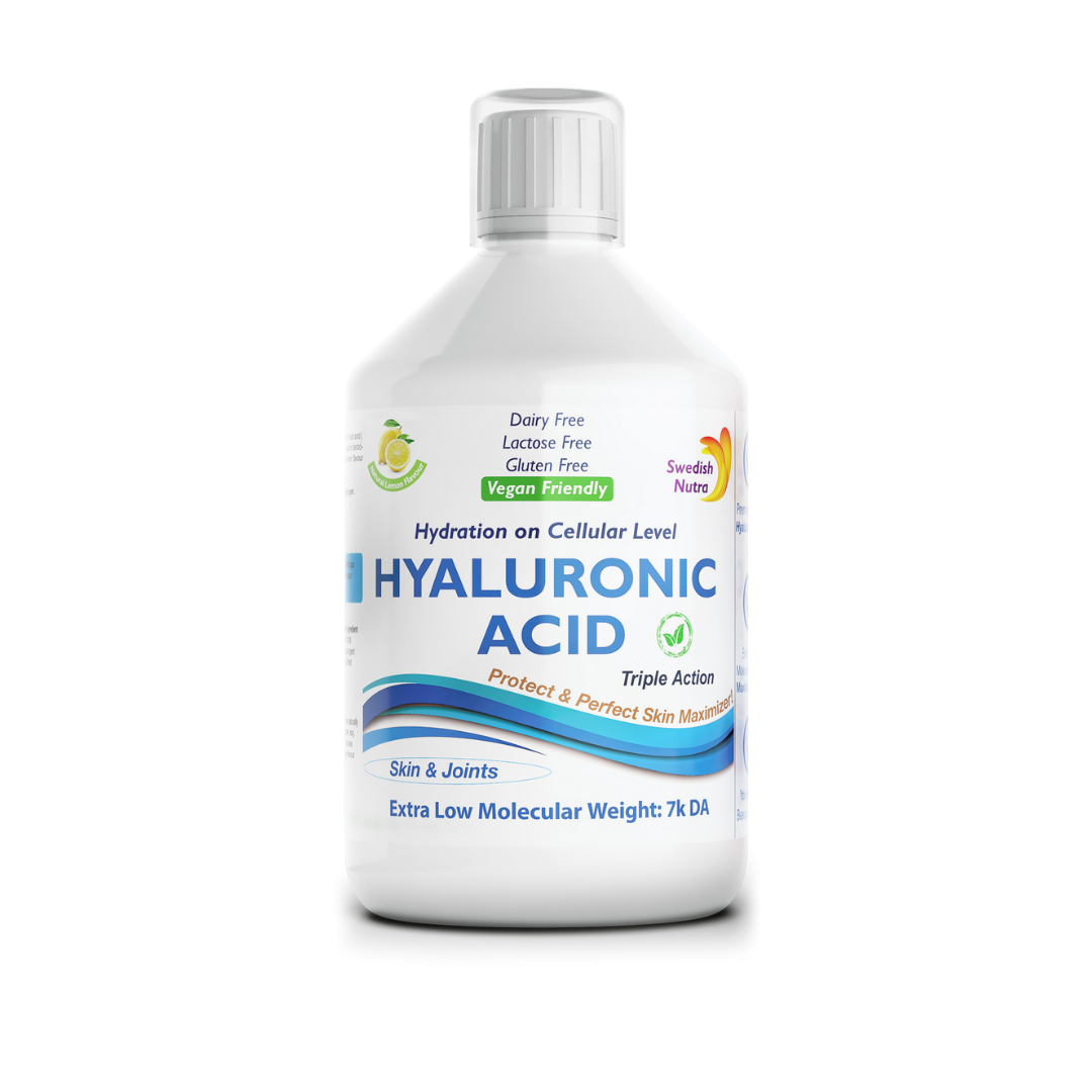 Front image: Swedish Nutra hyaluronic acid liquid lemon flavour 500ml bottle
