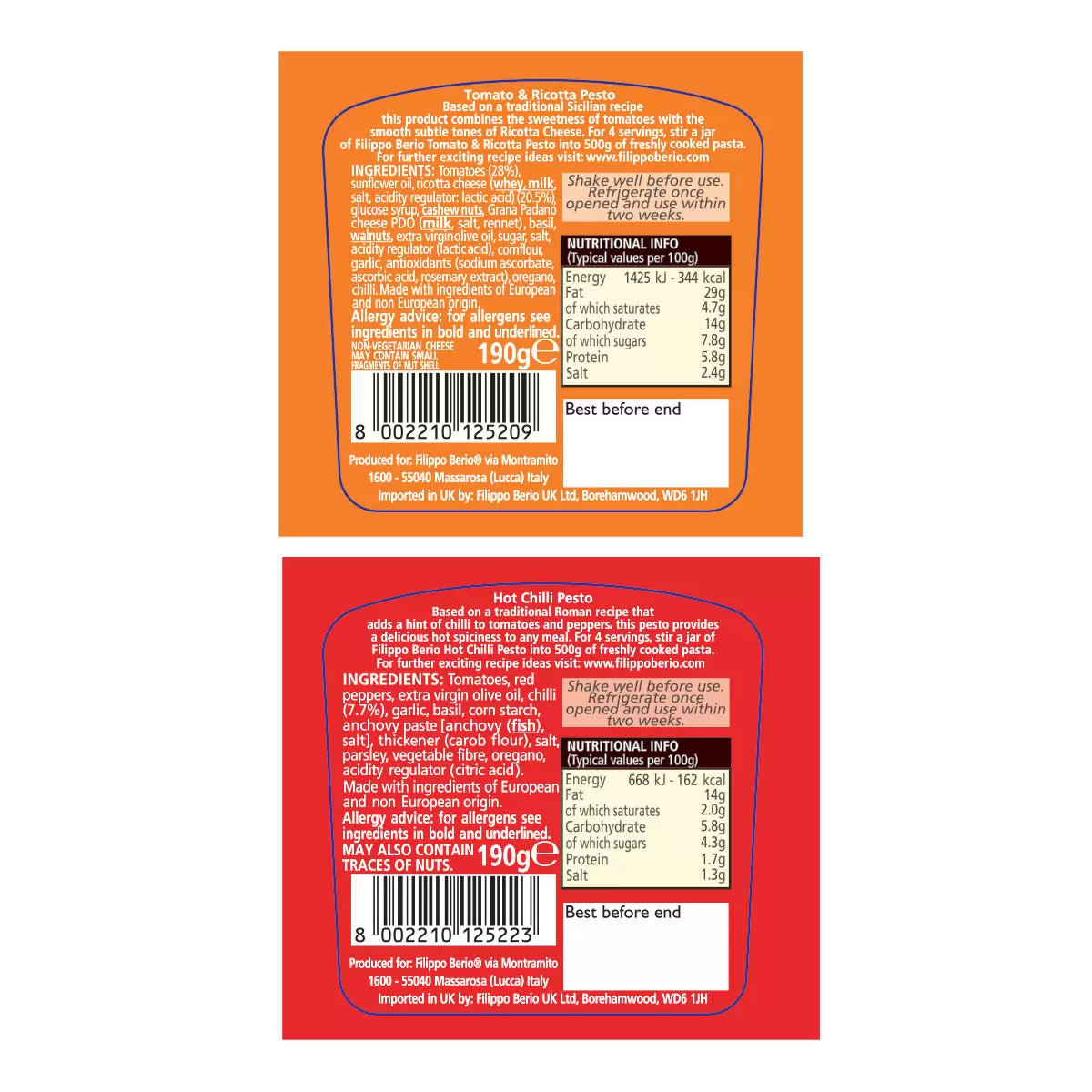 Back label artwork featuring ingredient declarations, nutrition facts, allergen information, barcode, and storage instructions for 2 x 190g Filippo Berio pesto jars including Tomato & Ricotta Pesto and Hot Chilli Pesto.