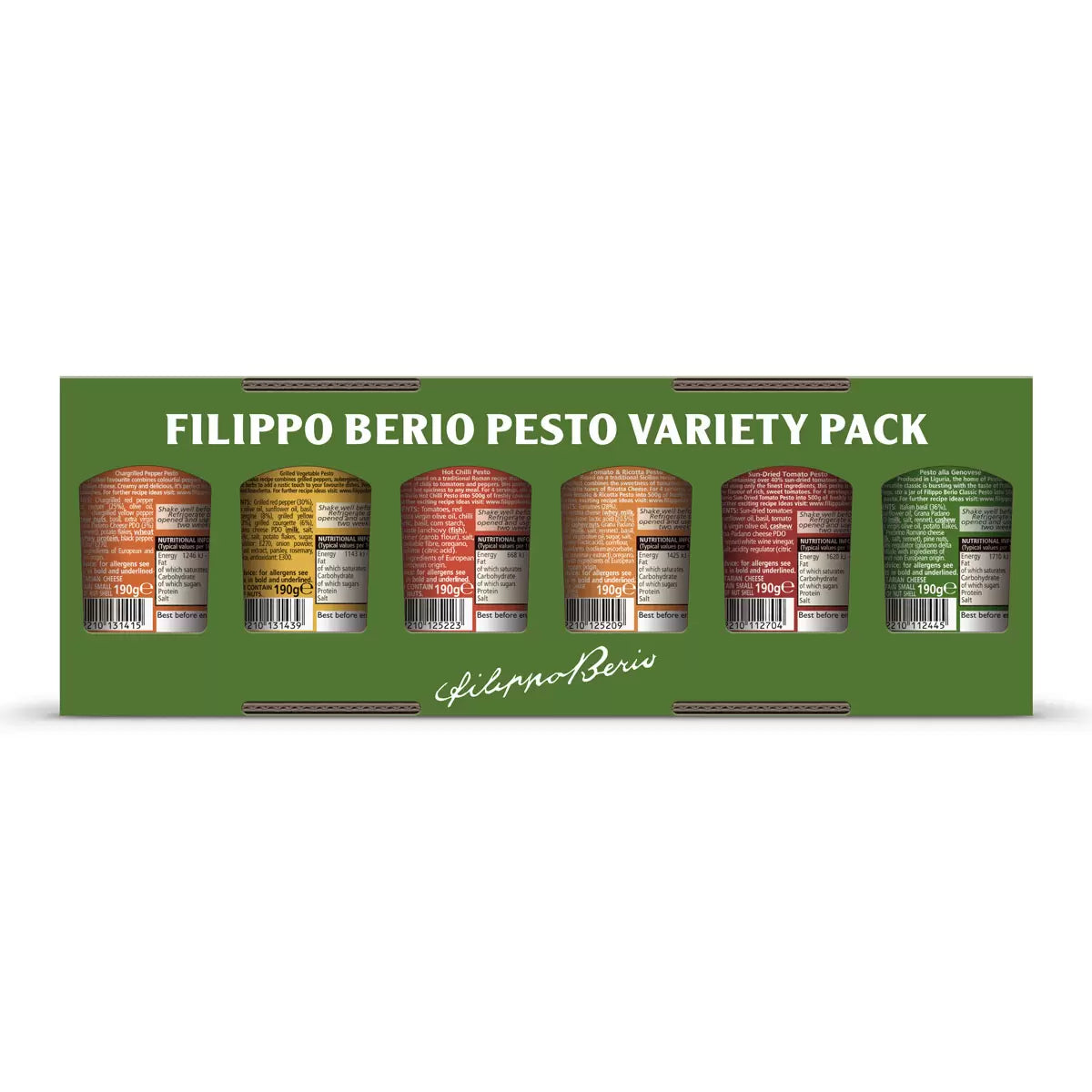 Filippo Berio Pesto Selection Variety Pack glass jar multipack assorted pesto sauces 6 x 190g back packaging image