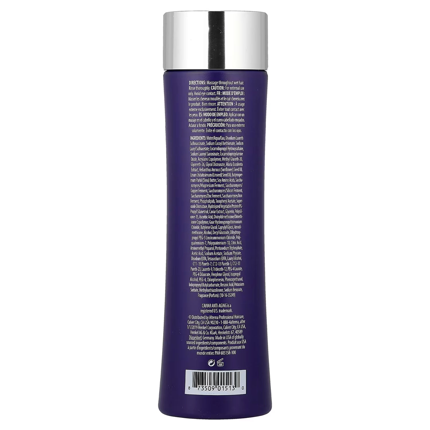 Back of Alterna CAVIAR Shampoo bottle showing ingredients and usage instructions.