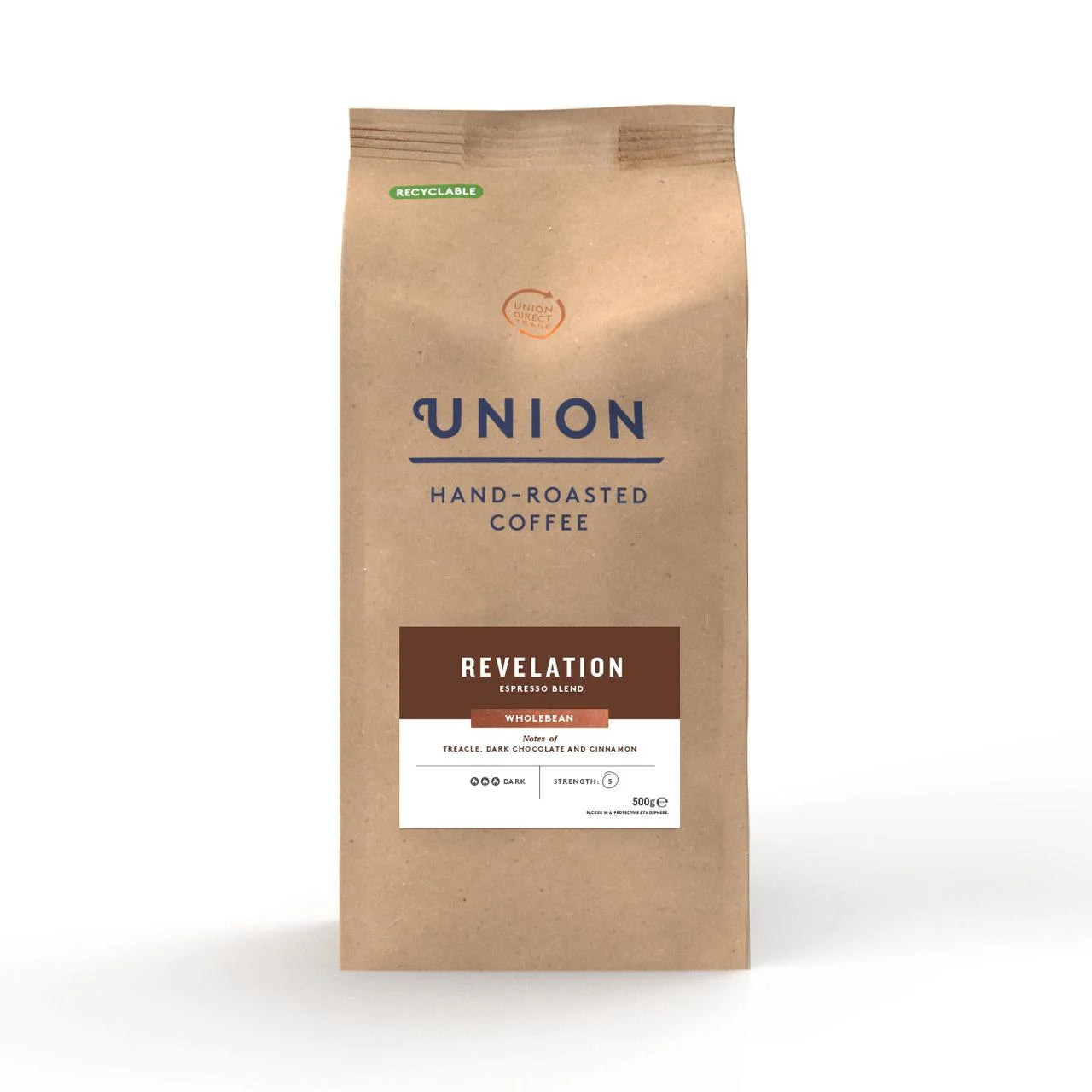 Union Revelation Espresso Blend Whole Bean Coffee bag, 500g.