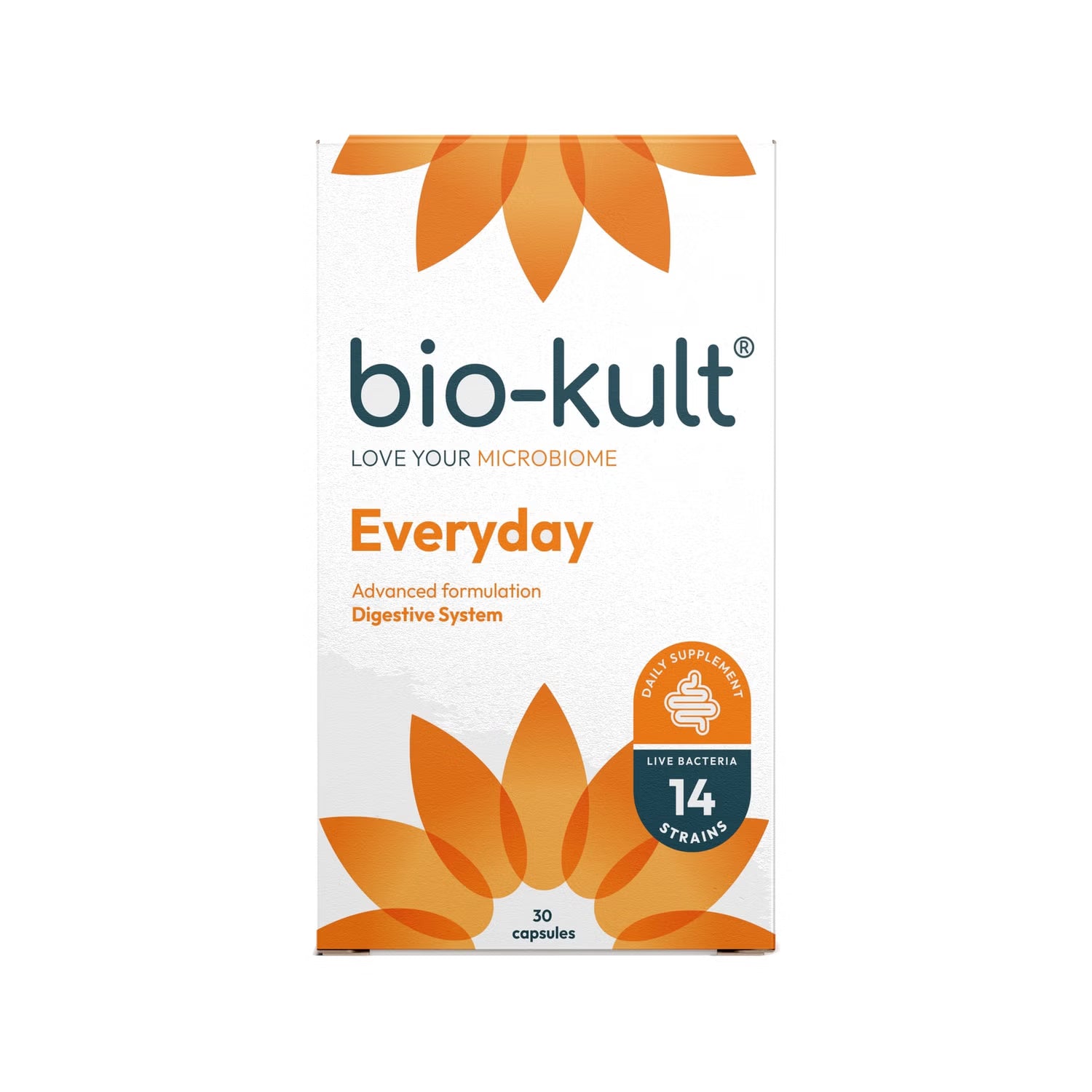 Bio-Kult Everyday probiotic supplement box front label 30 capsules on white background