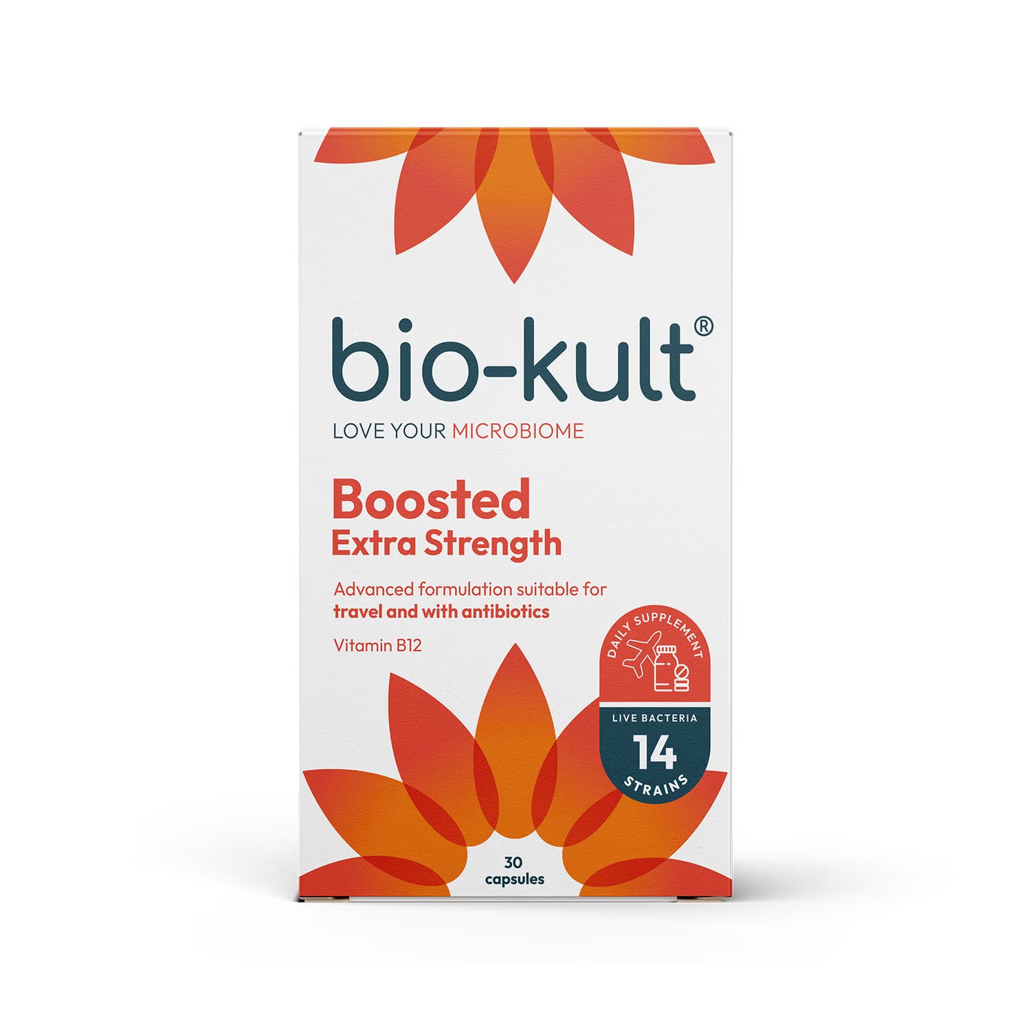 Bio-Kult Boosted probiotic supplement bottle front label on white background