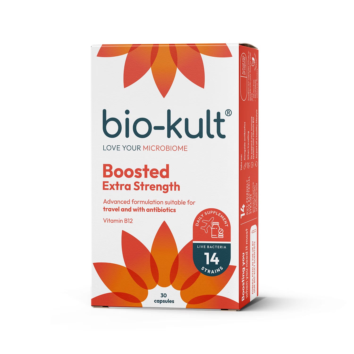 Bio-Kult Boosted probiotic supplement bottle front label on white background