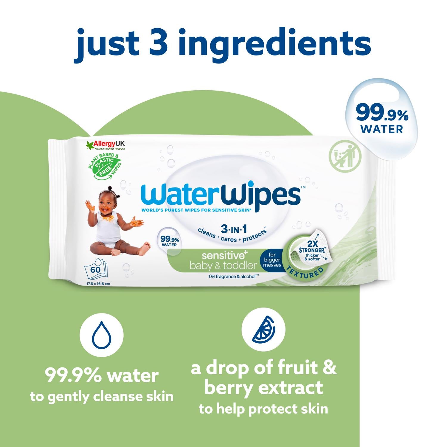 WaterWipes Sensitive+ Baby & Toddler Wipes, resealable soft pack packaging, unscented, 60 wipes, ingredients information