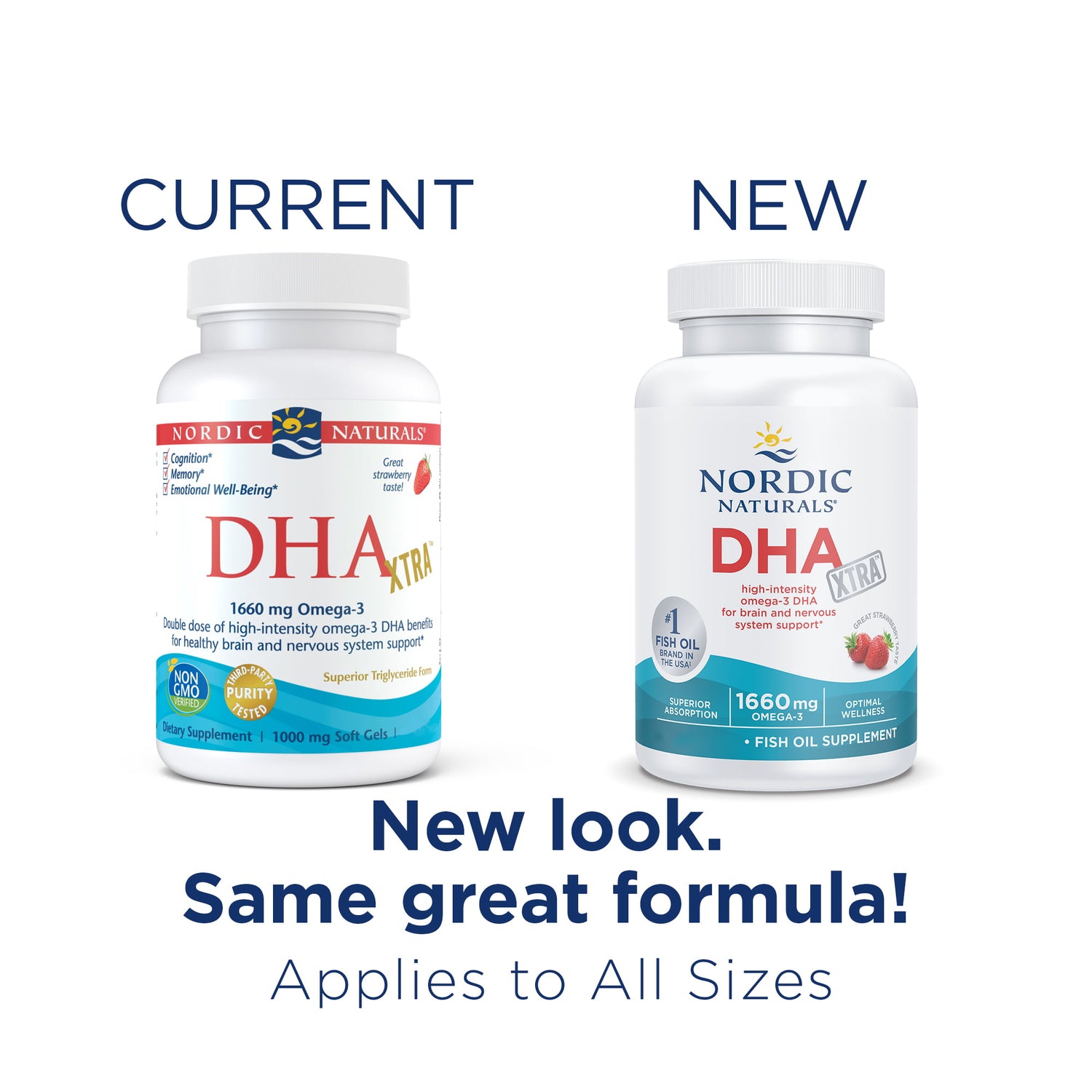 Nordic Naturals DHA Xtra Omega-3 Fish Oil bottle with strawberry-flavoured softgels, 60 count. Old & new packaging