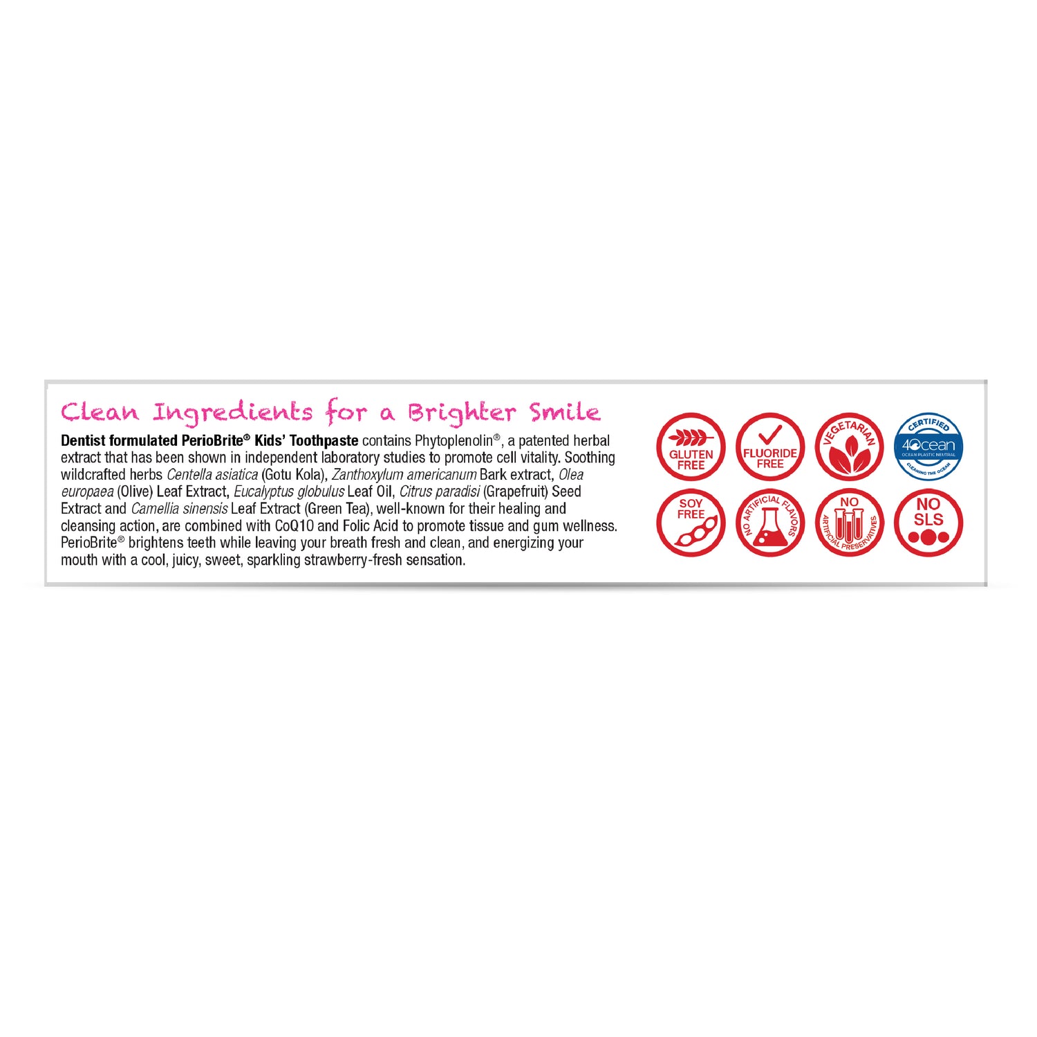 Nature’s Answer PerioBrite Kids Fluoride-Free Toothpaste Strawberry 113.4g ingredient label