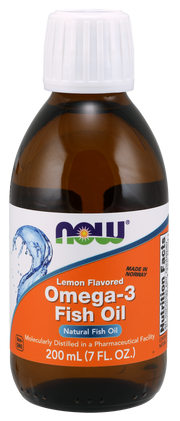 NOW Foods Omega-3 Fish Oil Liquid Lemon Flavour with EPA and DHA 200 mL bottle front view