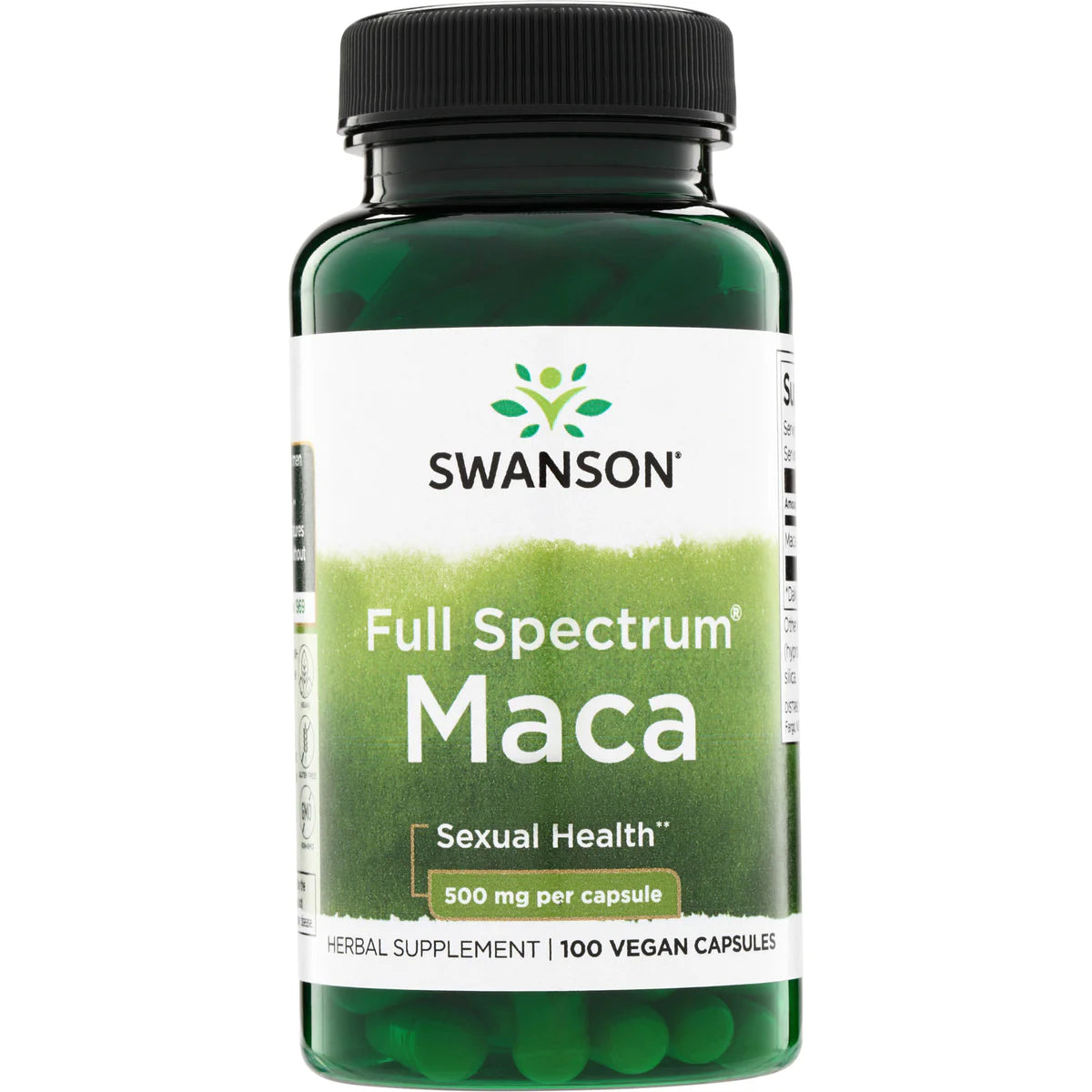 Front: Bottle of Swanson Full Spectrum Maca 500mg, 100 vegan capsules.