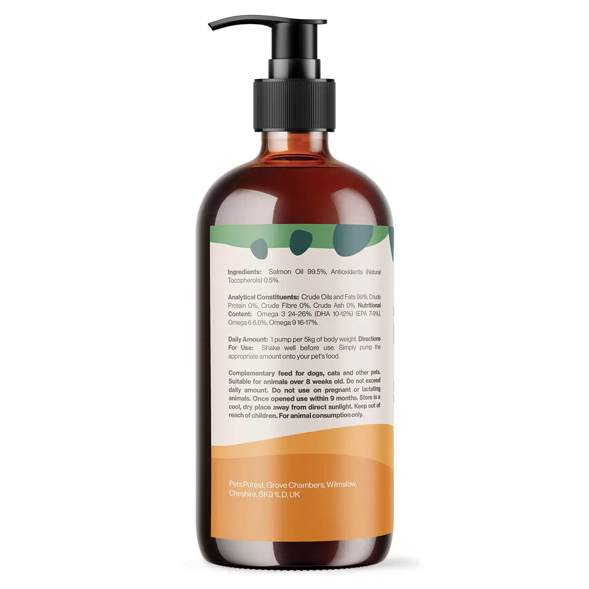 Pets Purest salmon oil ingredients and product information panel on packaging