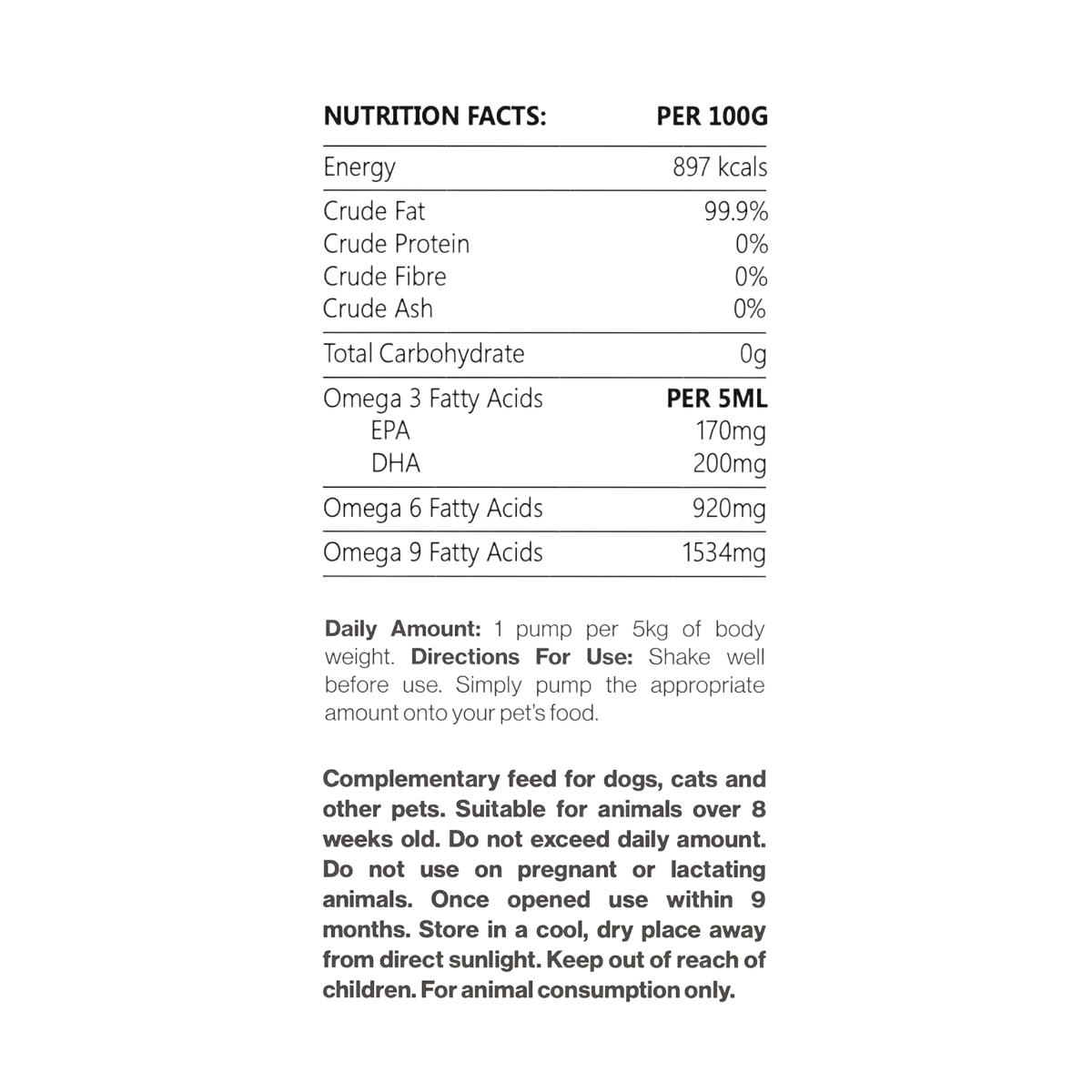Pets Purest salmon oil ingredients and product information panel on packaging