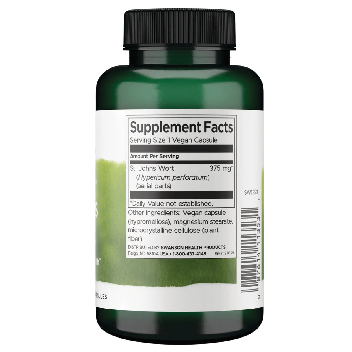 Swanson St. John's Wort Herb 375 mg - 120 Vegan Capsules Supplement facts label for St. John's Wort botanical showing ingredient source.