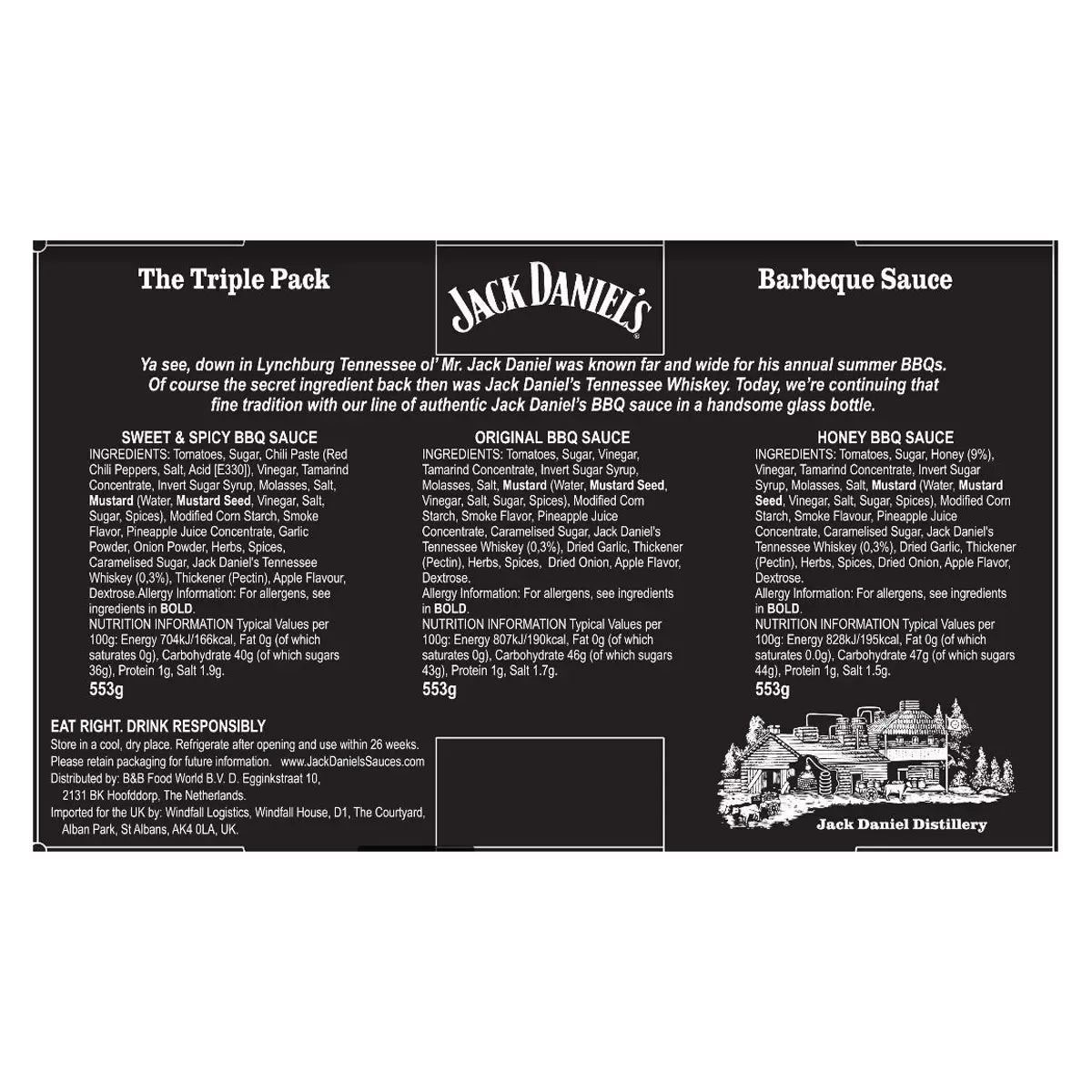 Jack Daniel's BBQ Sauce Variety Pack ingredients label 3 x 553g