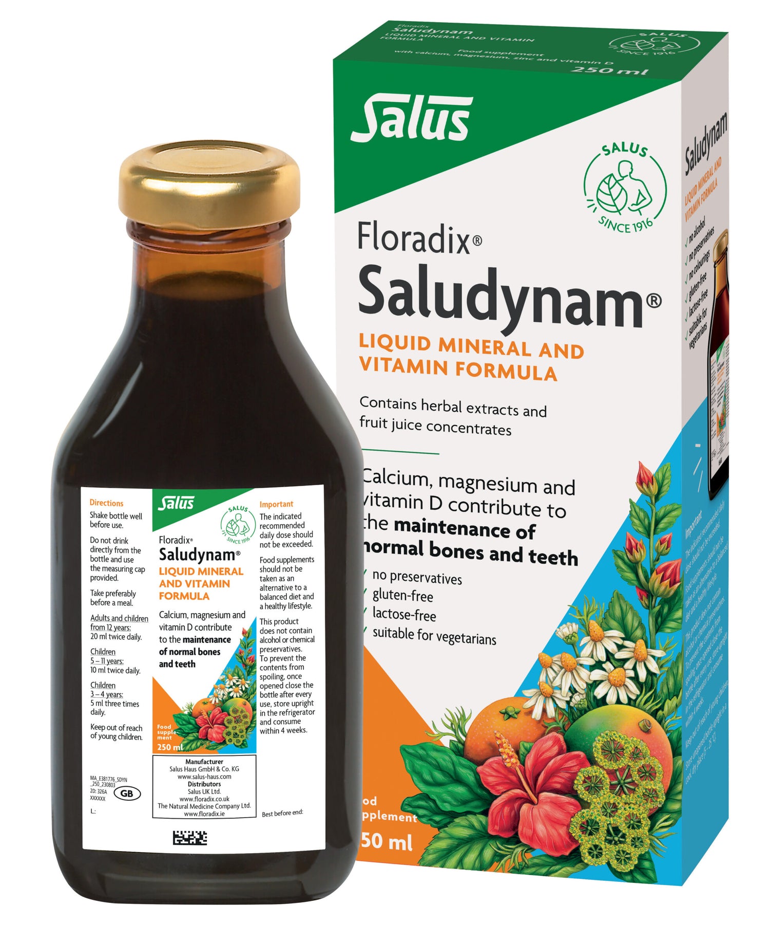 Floradix Saludynam Liquid Mineral & Vitamin Formula bottle & box, 250ml.