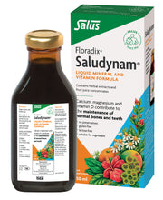 Floradix Saludynam Liquid Mineral & Vitamin Formula bottle & box, 250ml.