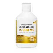 Bottle of collagen supplement with a white and gold label on a white background