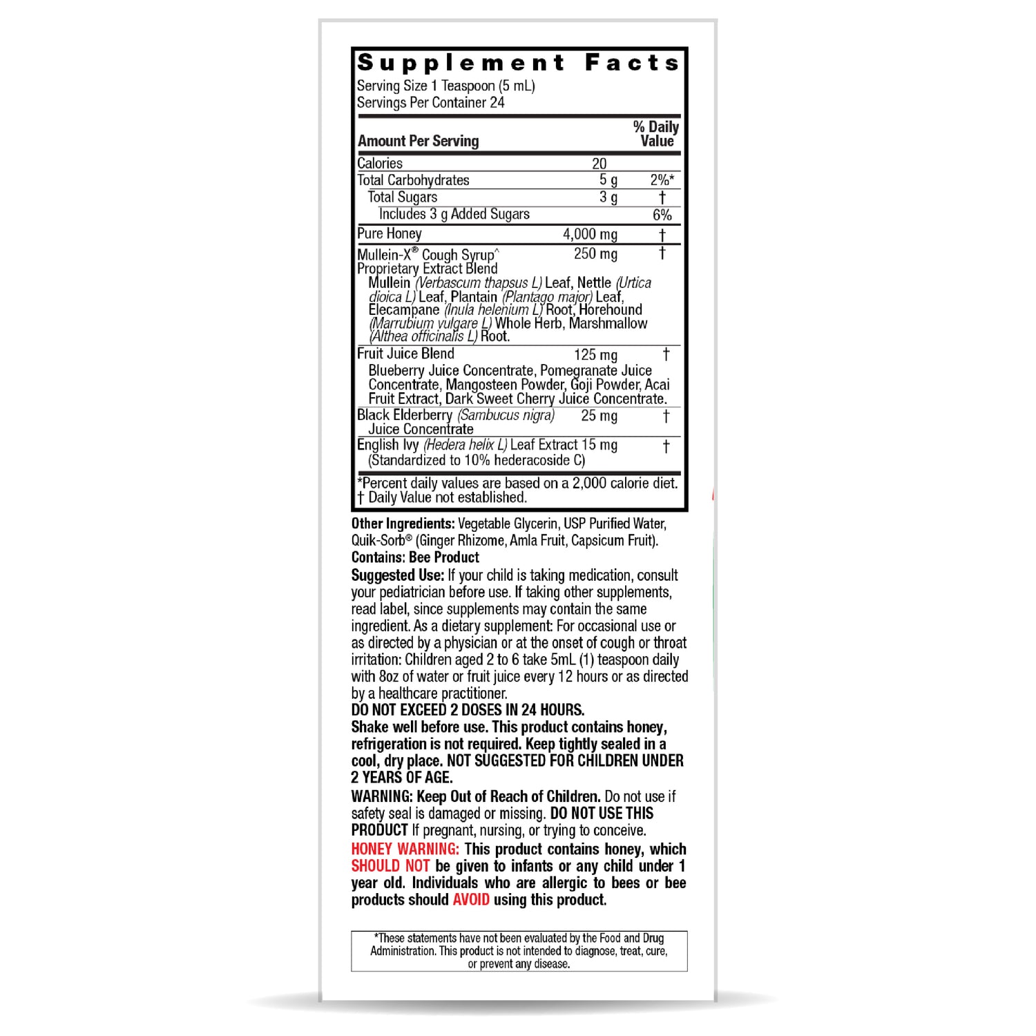 Nature’s Answer Kids Mullein-X Herbal Liquid Supplement 120ml ingredient label