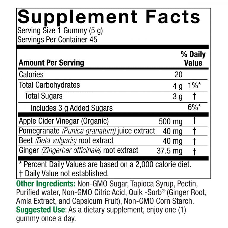 Nature's Answer Apple Cider Vinegar and Ginger Gummies 45 supplement facts and directions