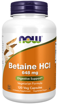 NOW Betaine HCl 648mg with Pepsin for Digestive Support - 120 Veg Capsules