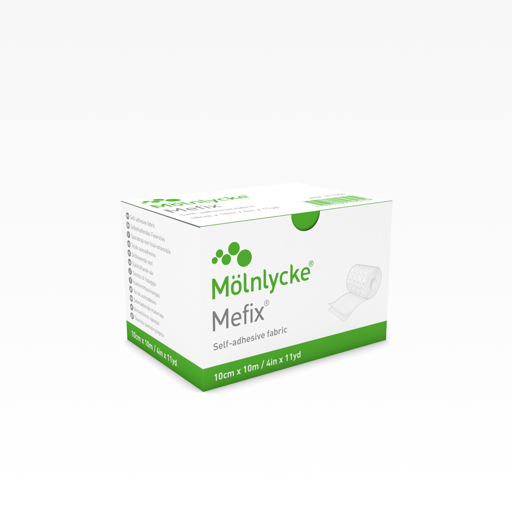 Mefix Medical Adhesive Soft Cloth Tape box, 10 cm x 10 m, on white background.