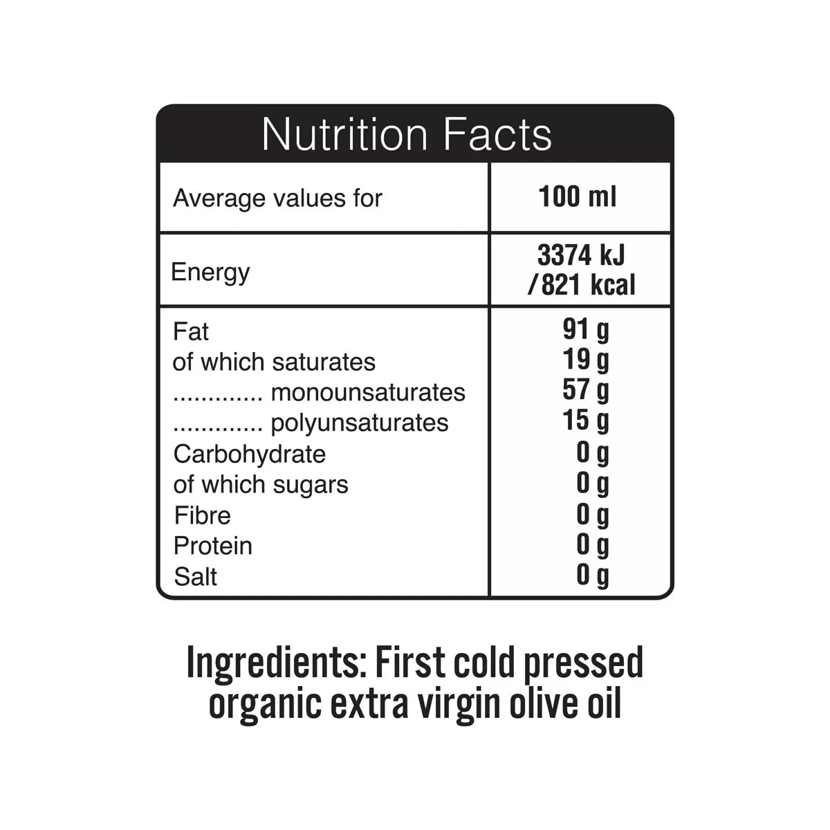 Supplement facts & ingredients image: Terra Delyssa olive oil ingredients label bottle 1L