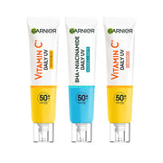 Front image: Garnier Daily UV Fluid SPF50 plus multi variant sunscreen bottles 3 pack