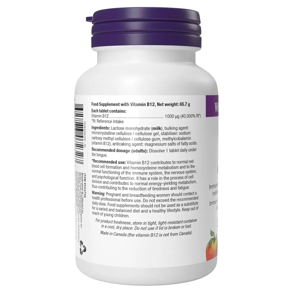 Supplement facts panel and usage instructions for Webber Naturals B12 Methylcobalamin bottle.