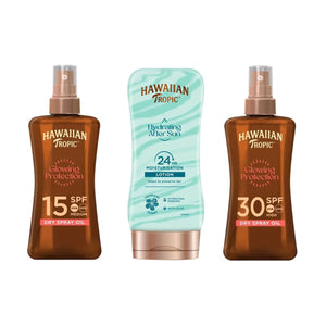 Front image: Hawaiian Tropic sun care set SPF15 SPF30 dry oil spray 200ml and after sun lotion 180ml bottles