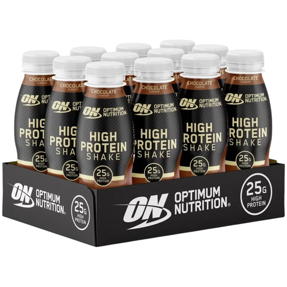 Optimum Nutrition High Protein Shake chocolate flavour ready to drink 330ml 12 pack front packaging