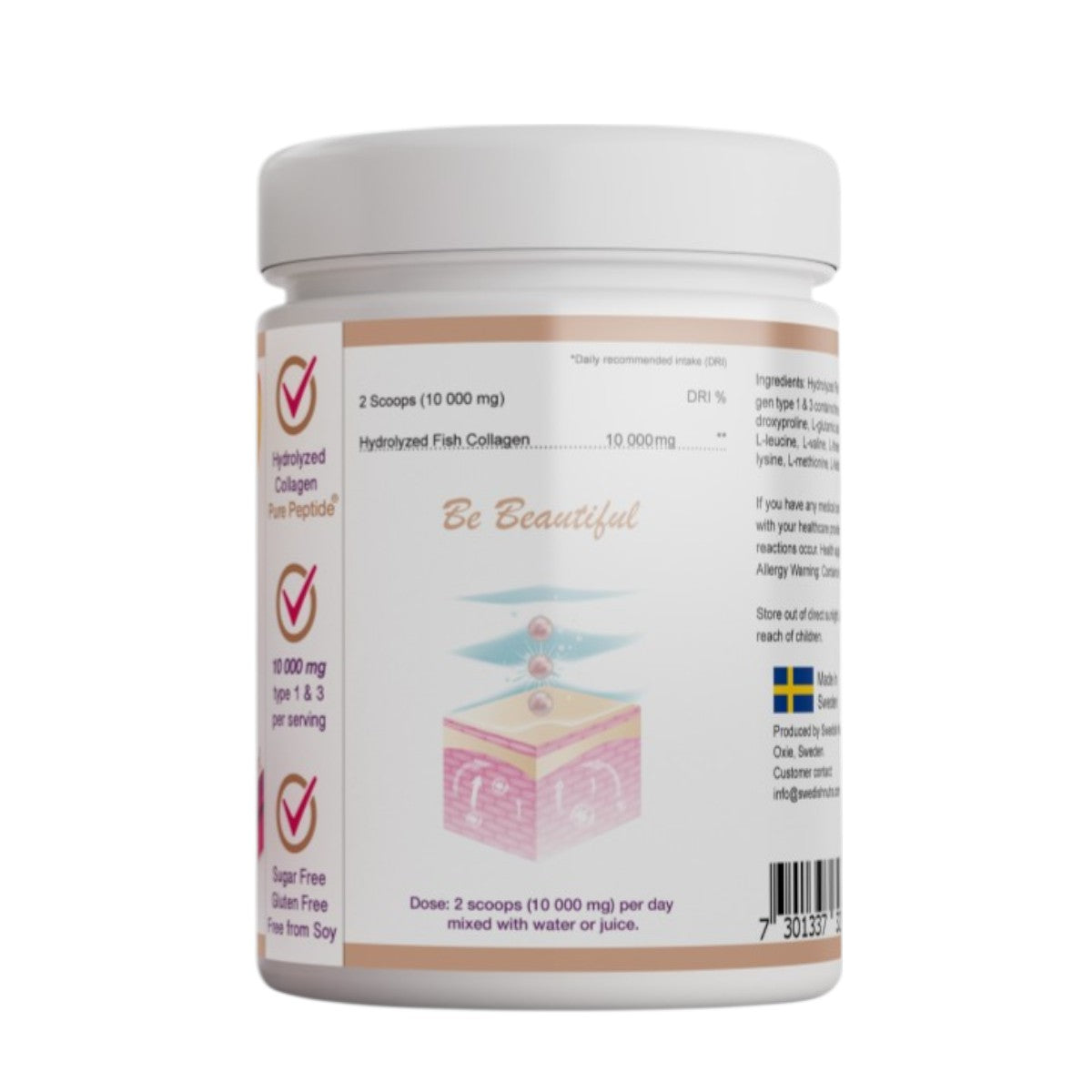 Supplement facts & ingredients image: Swedish Nutra collagen powder supplement facts ingredients 300g