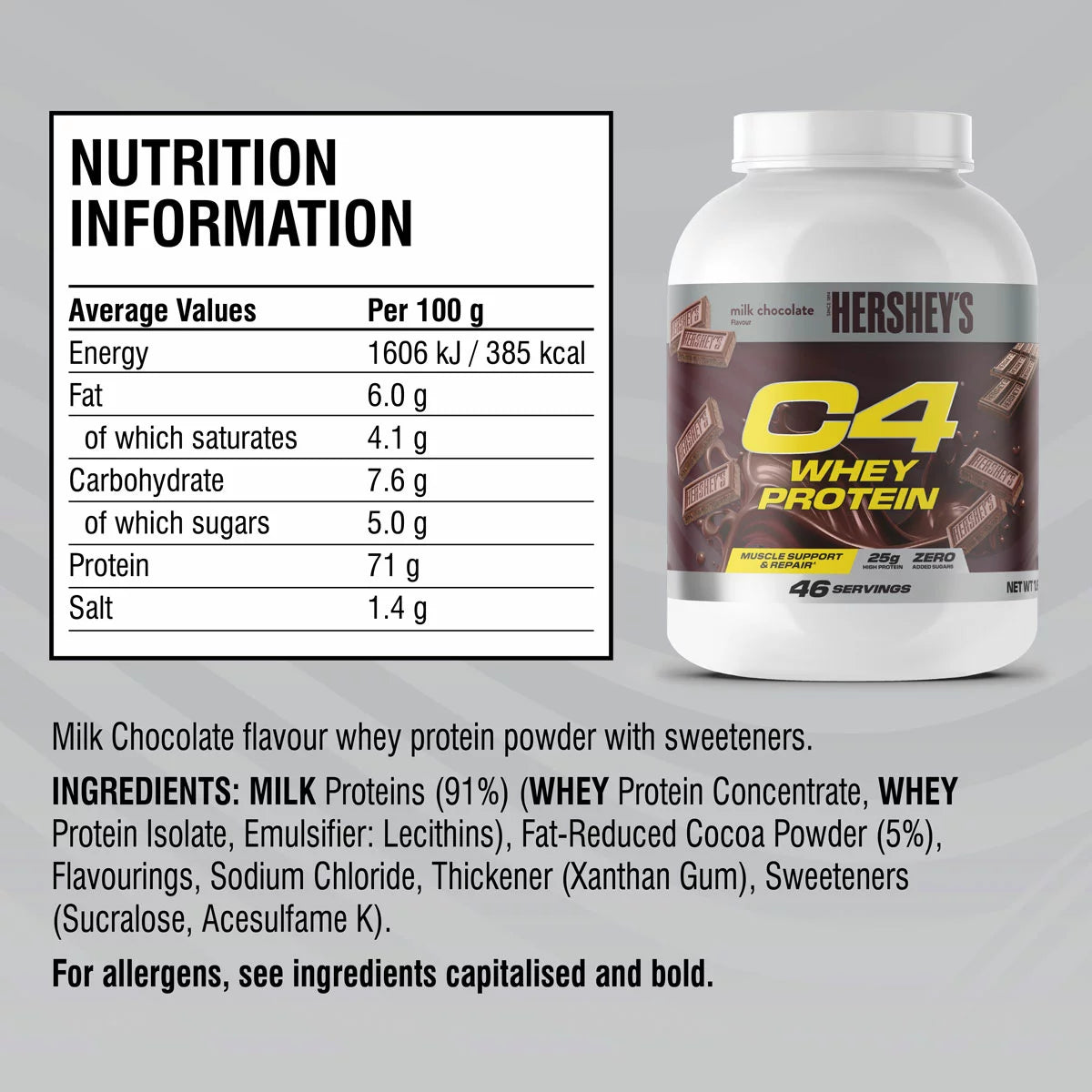 Supplement Facts Image: Cellucor C4 whey protein ingredients chocolate powder 1.61kg packaging