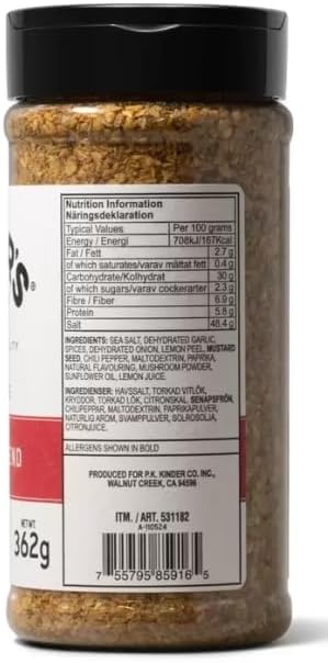 Supplement facts & ingredients image: Kinder's The Steak Blend Seasoning ingredient information & barcode packaging 362g