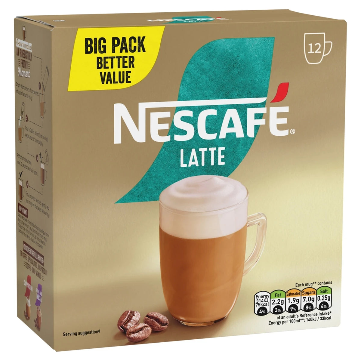 Nescafé Latte Instant Coffee Mix 12 x 18g sachets multipack front packaging