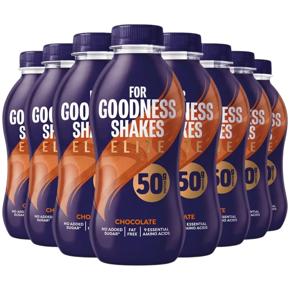 For Goodness Shakes Elite Chocolate Protein Shake 8 x 471ml bottles front packaging