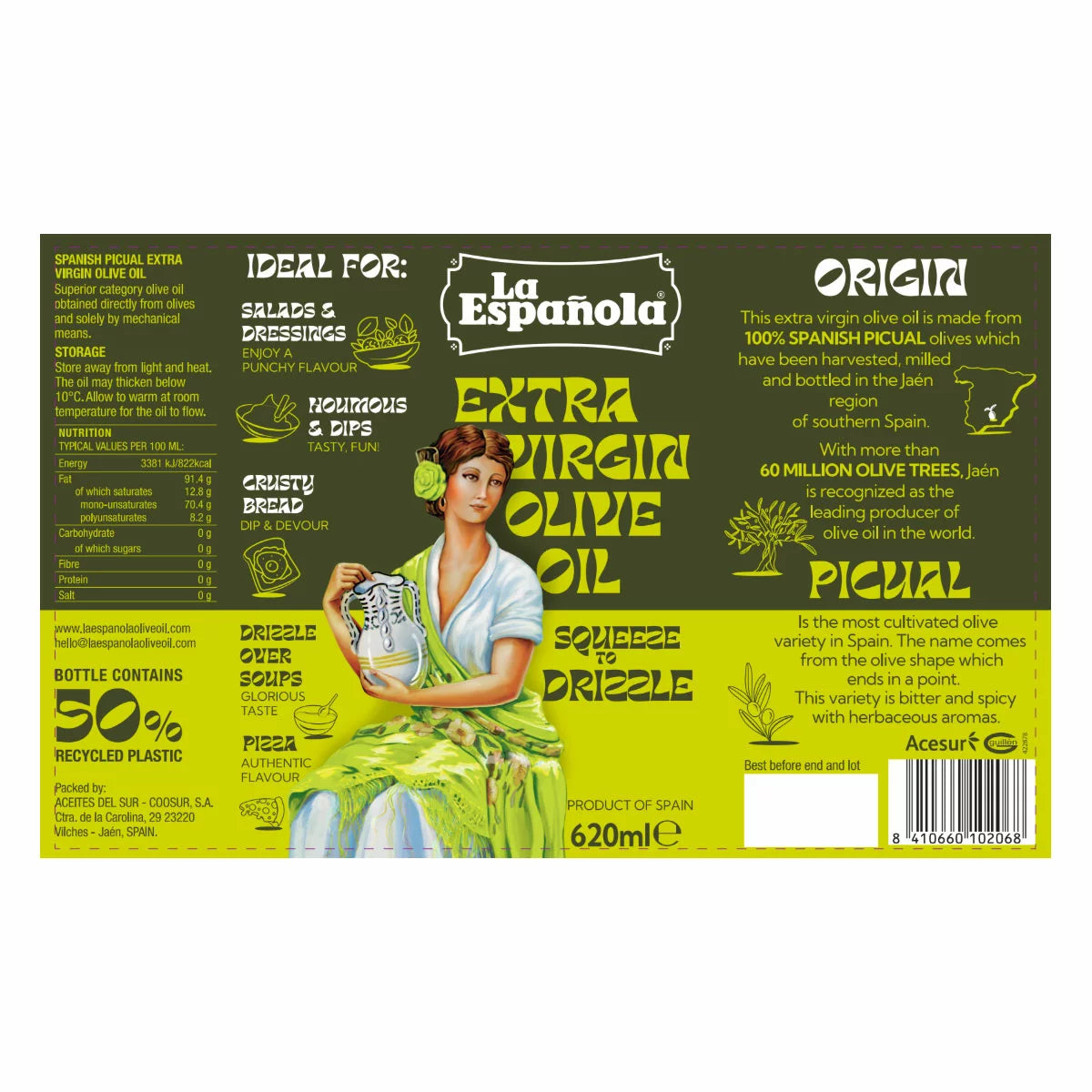 Supplement facts & ingredients image: La Española olive oil label ingredients bottle 620ml