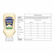Heinz Original Mayonnaise 220ml squeeze bottle shown alongside ingredient declaration, nutrition facts table, and allergen information for 1 x 220ml mayonnaise condiment bottle.