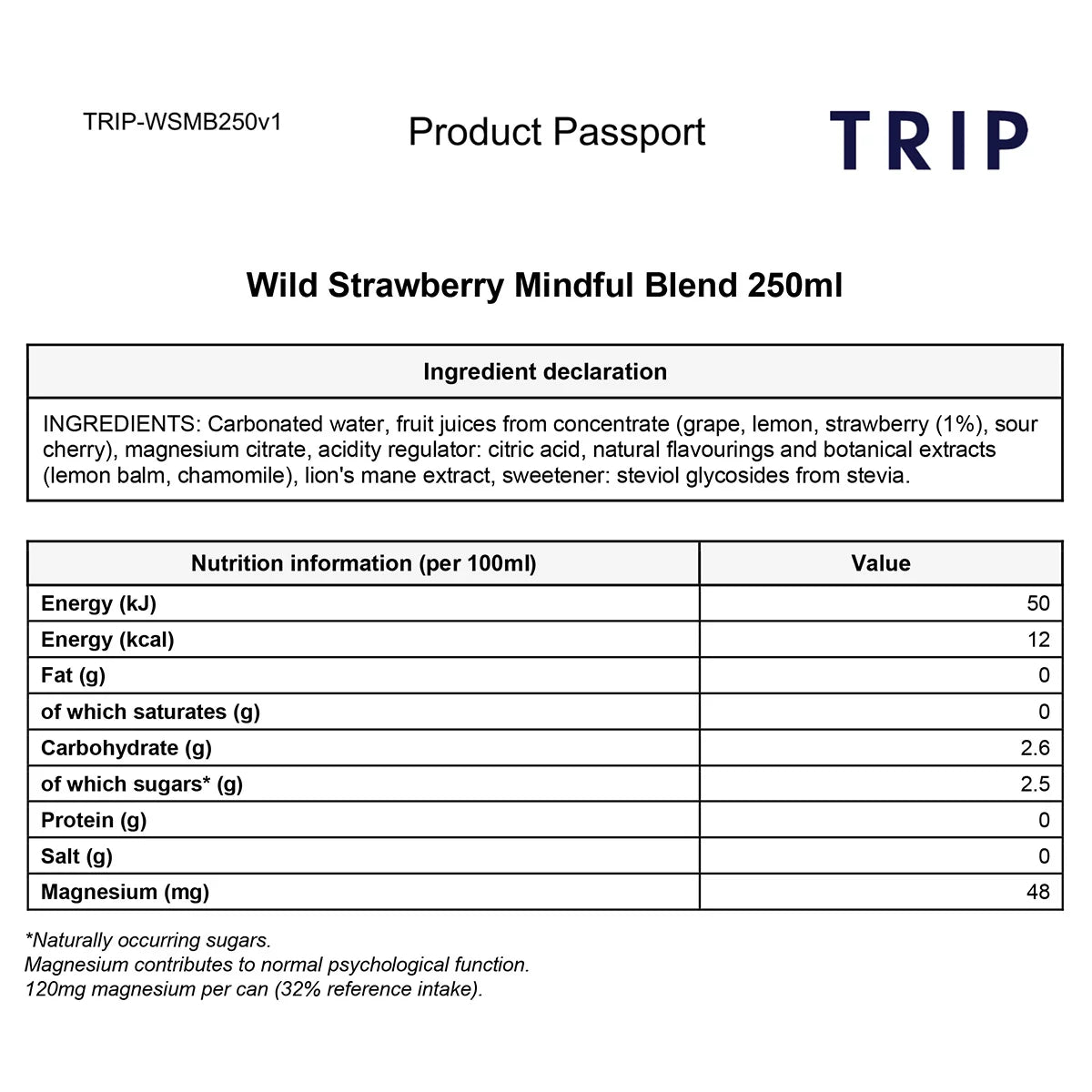 TRIP Mindful Blends Summer Mixed Pack 12 x 250ml cans Wild Strawberry ingredients and nutrition information