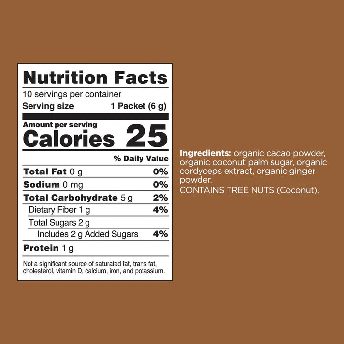 nutrition facts, and ingredients for Four Sigmatic Cacao Mix.