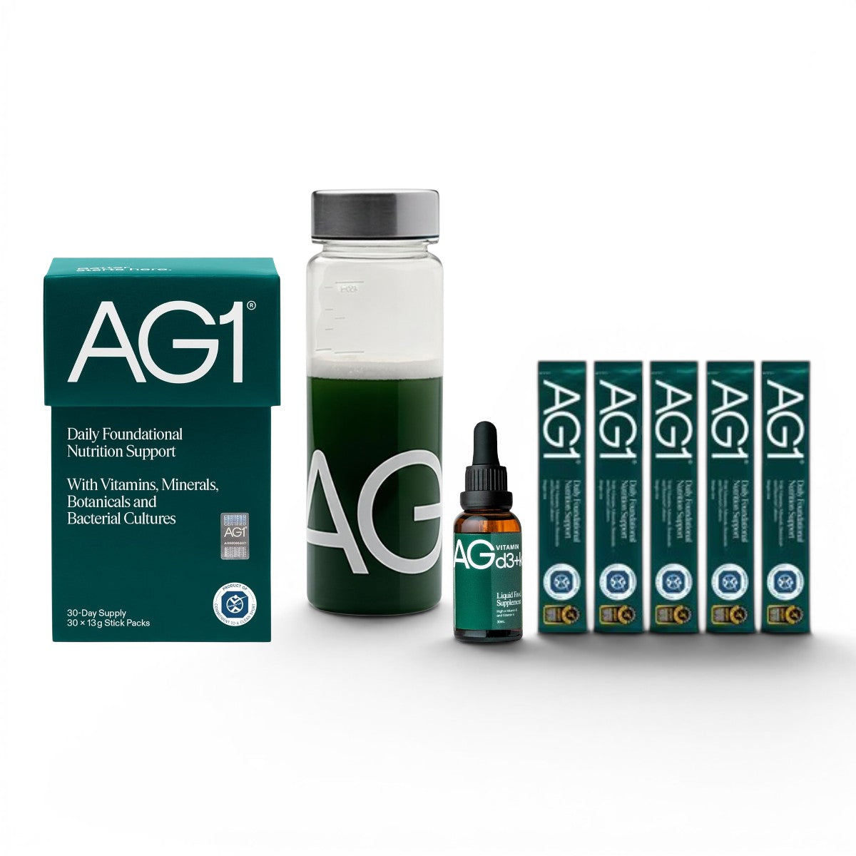AG1 Greens Powder Starter Kit 30 Stick Packs with Shaker, 5 Travel Sticks & Vitamin D3 K2